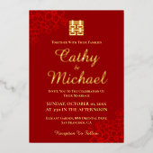 Dubbelgeluk florale achtergrond Chinese bruiloft Folie Uitnodiging (Voorkant)