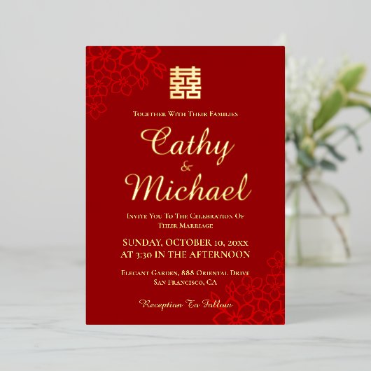 Dubbelgeluk florale achtergrond Chinese bruiloft Folie Uitnodiging (Staand Voorkant)