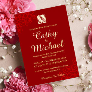 Dubbelgeluk florale achtergrond Chinese bruiloft Folie Uitnodiging