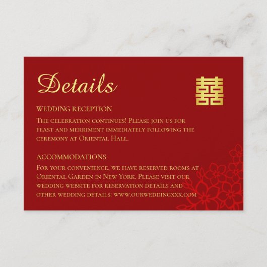 Dubbelgeluk florale achtergrond Chinese bruiloft Informatiekaartje (Voorkant)