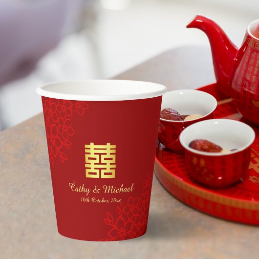 Dubbelgeluk florale achtergrond Chinese bruiloft Papieren Bekers