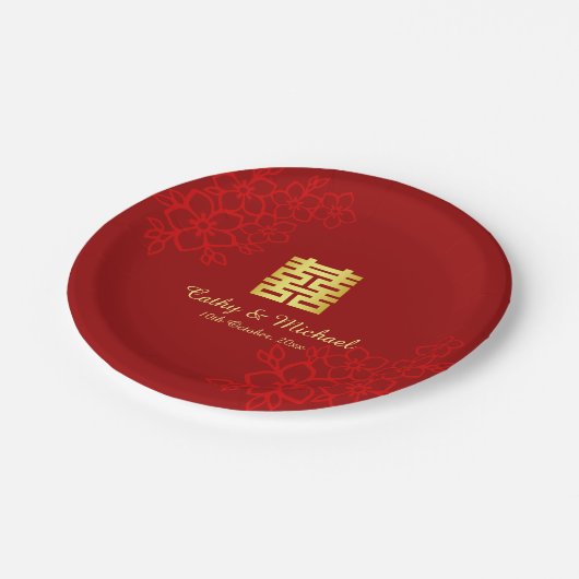 Dubbelgeluk florale achtergrond Chinese bruiloft Papieren Bordje (Gekanteld)