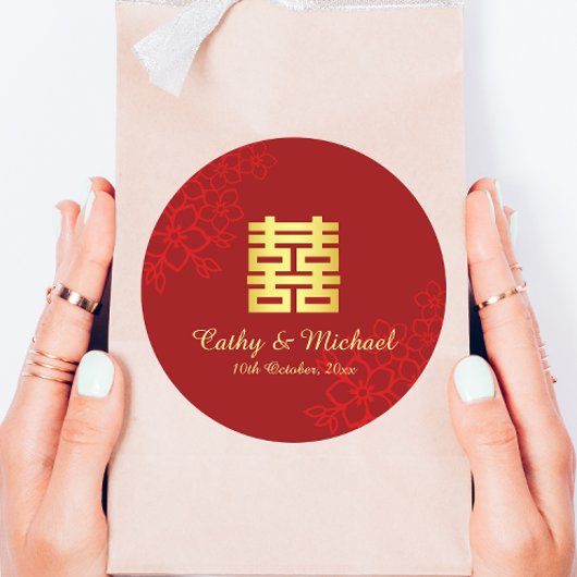 Dubbelgeluk florale achtergrond Chinese bruiloft Ronde Sticker