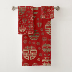 Dubbelgeluk Symbool patroon - Goud op rood Bad Handdoek