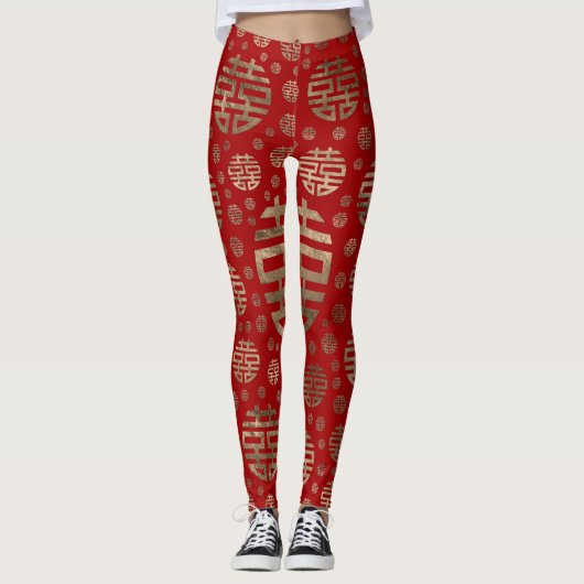 Dubbelgeluk Symbool patroon - Goud op rood Leggings (Voorkant)