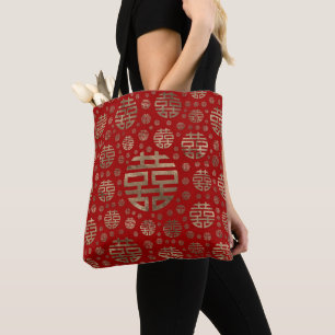 Dubbelgeluk Symbool patroon - Goud op rood Tote Bag