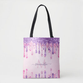 Dubbelglitterroze en Paarse monogram met reservedr Tote Bag