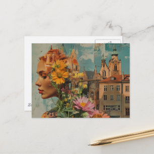 Dubbellek Lady Met Bloemen en Gebouwen Briefkaart