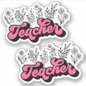 Dubbelroze Retro Teacher Wildflower Vinyl Sticker (Voorkant)