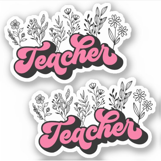 Dubbelroze Retro Teacher Wildflower Vinyl Sticker (Voorkant)