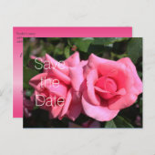 Dubbelroze roos bloemen bruiloft met de datum aankondigingskaart (Voorkant / Achterkant)