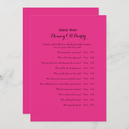 Dubbelzijdig 2 x Baby shower Spelletjes Kaart (Voorkant / Achterkant)