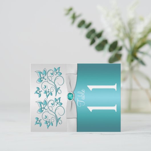 Dubbelzijdig Aqua en zilver Bloemen Tafel Nummer Briefkaart (Staand voorkant)