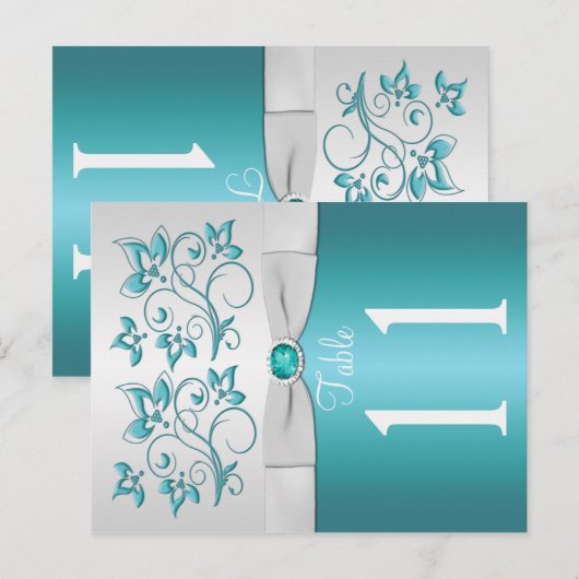 Dubbelzijdig Aqua en zilver Bloemen Tafel Nummer Briefkaart (Voorkant / Achterkant)