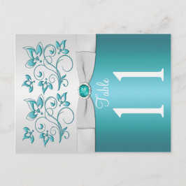 Dubbelzijdig Aqua en zilver Bloemen Tafel Nummer Briefkaart