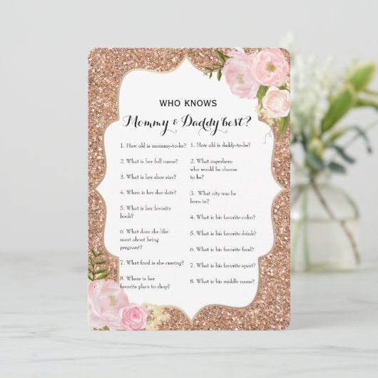 Dubbelzijdig Baby shower game- advies | Wie weet Kaart (Staand voorkant)