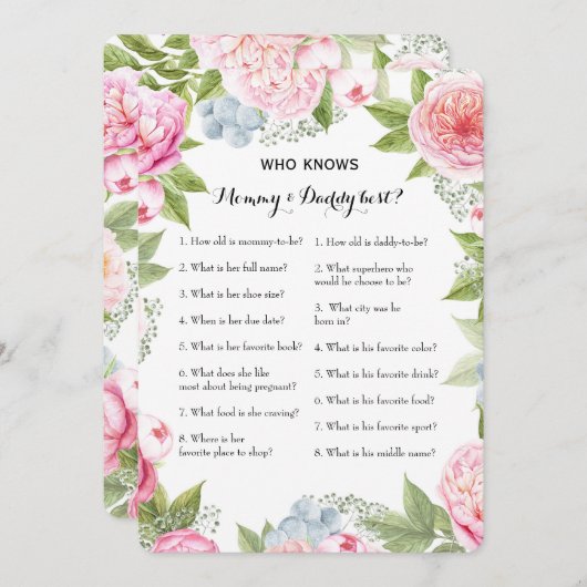 Dubbelzijdig Baby shower game- advies | Wie weet Kaart (Voorkant / Achterkant)