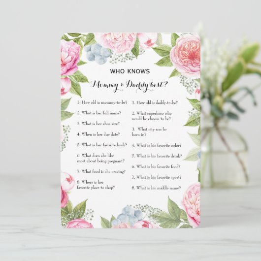 Dubbelzijdig Baby shower game- advies | Wie weet Kaart (Staand voorkant)