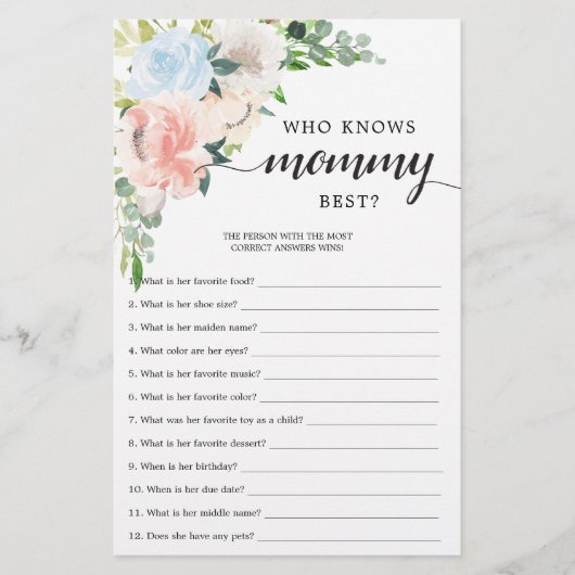 Dubbelzijdig Baby shower game Fleur Jolie Floral (Voorkant)