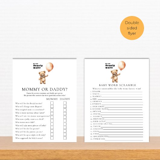 Dubbelzijdig baby shower spel flyer