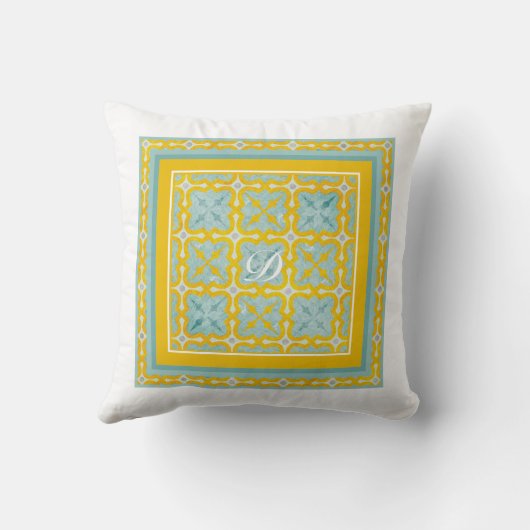 Dubbelzijdig blauw en gele batikstijl aangepast kussen (Achterkant)