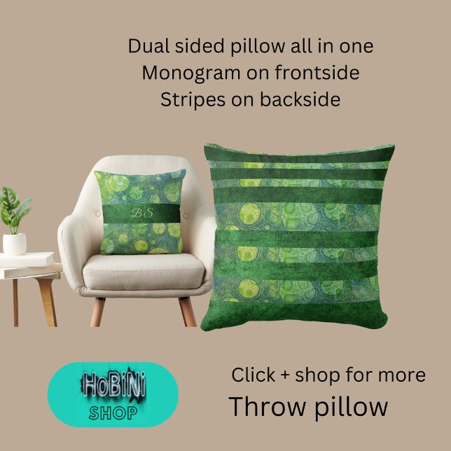 Dubbelzijdig blauw groen abstract veelkleurig kussen (Dual sided throw pillow all in one
Monogram on frontside
Stripes on backside)