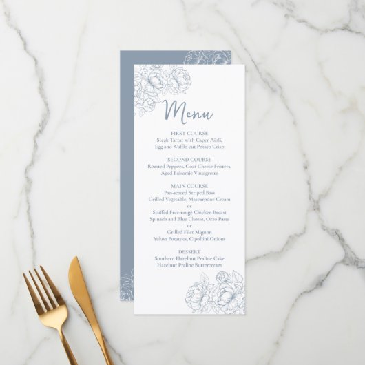 Dubbelzijdig Dusty Blue Boho Floral Wedding Drink+ Menu (Voorkant / Achterkant in situ)