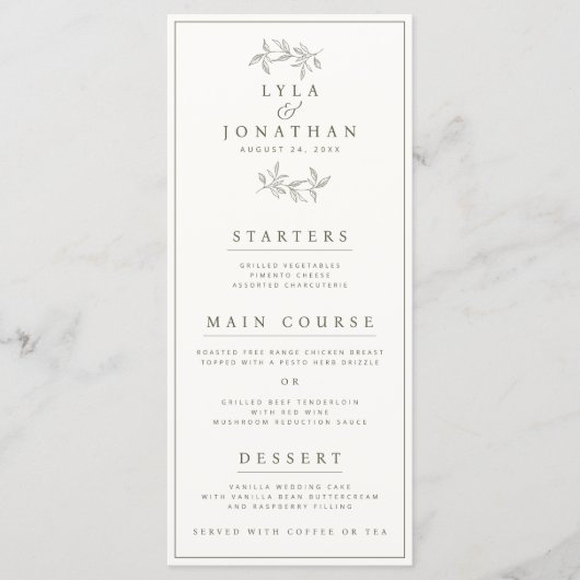 Dubbelzijdig Ivoor & Donker Olijf Bruiloft Bar/Din Menu (Voorkant)