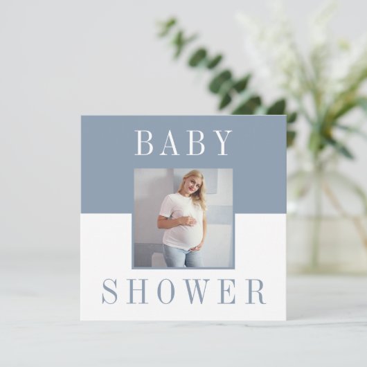 Dubbelzijdig minimaal blauw foto baby shower kaart (Staand voorkant)