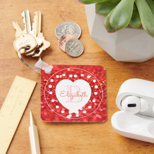 Dubbelzijdig monogram koraal Glitter White Heart Sleutelhanger (Bureau)