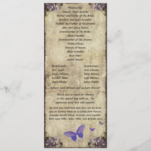 Dubbelzijdig Paarse vlinder bruiloft programma Programmakaart (Achterkant)