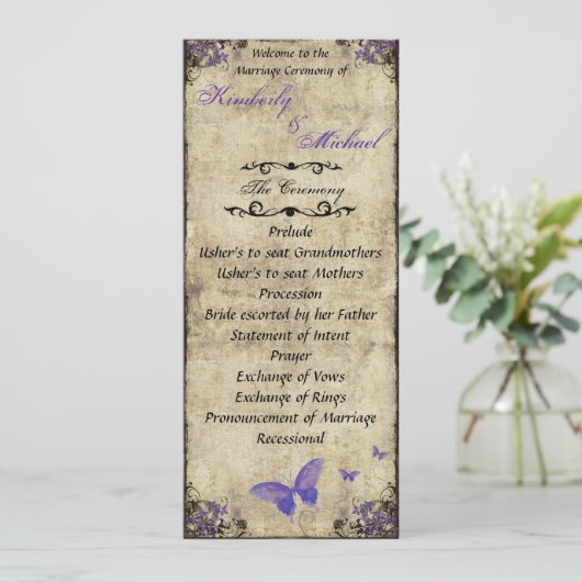 Dubbelzijdig Paarse vlinder bruiloft programma Programmakaart (Staand voorkant)