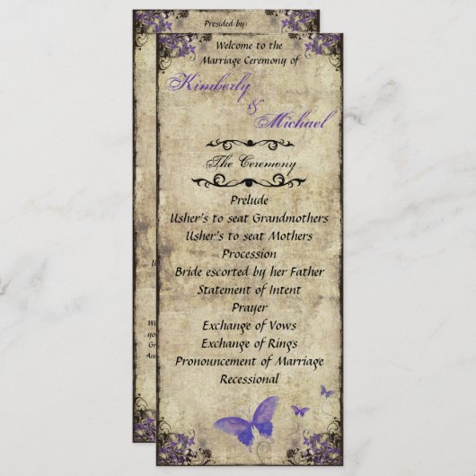 Dubbelzijdig Paarse vlinder bruiloft programma Programmakaart (Voorkant / Achterkant)