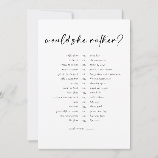 Dubbelzijdig wil je liever games Vrijgezellenfeest Kaart (Achterkant)