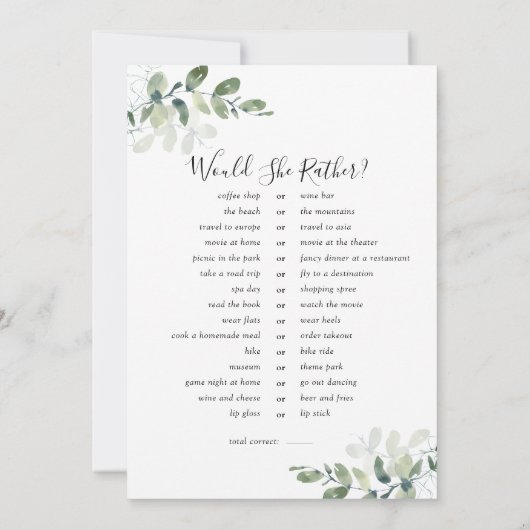 Dubbelzijdig wil je liever games Vrijgezellenfeest Kaart (Achterkant)