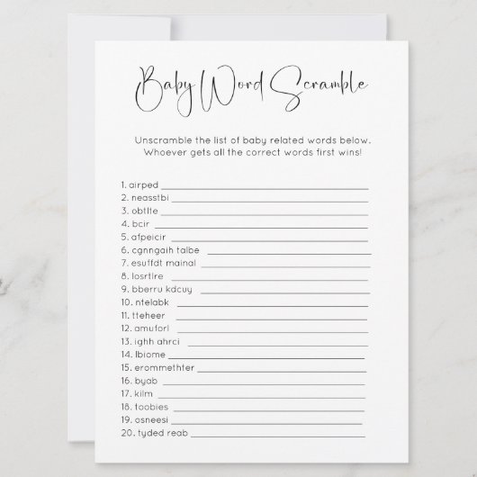 Dubbelzijdig Word Zoeken Scramble Baby shower spel Kaart (Voorkant)