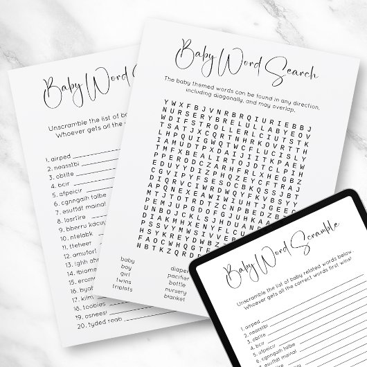 Dubbelzijdig Word Zoeken Scramble Baby shower spel Kaart