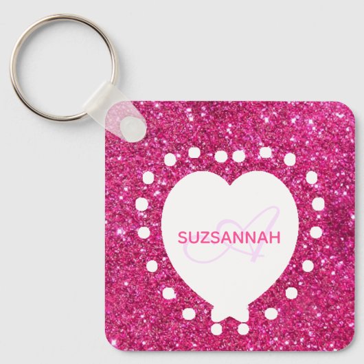 Dubbelzijdig zwart monogram roze glitter wit hart sleutelhanger (Voorkant)