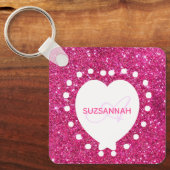 Dubbelzijdig zwart monogram roze glitter wit hart sleutelhanger (Voorkant)