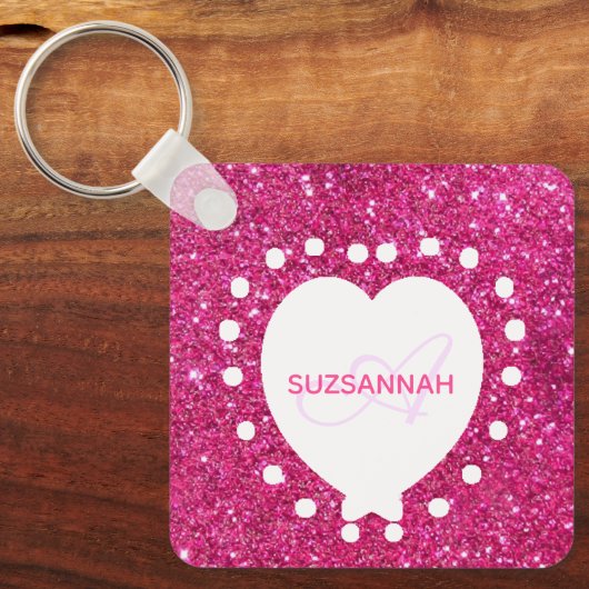 Dubbelzijdig zwart monogram roze glitter wit hart sleutelhanger (Voorkant)