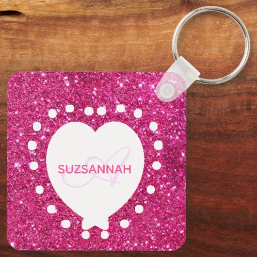 Dubbelzijdig zwart monogram roze glitter wit hart sleutelhanger (Achterkant)