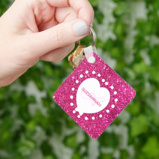 Dubbelzijdig zwart monogram roze glitter wit hart sleutelhanger (Hand)