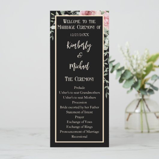Dubbelzijdig Zwart Roze Boho Wedding Programma Programmakaart (Staand voorkant)