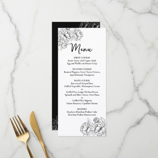 Dubbelzijdig Zwart Wit Boho Bloemen Trouwbar+ Menu (Voorkant / Achterkant in situ)