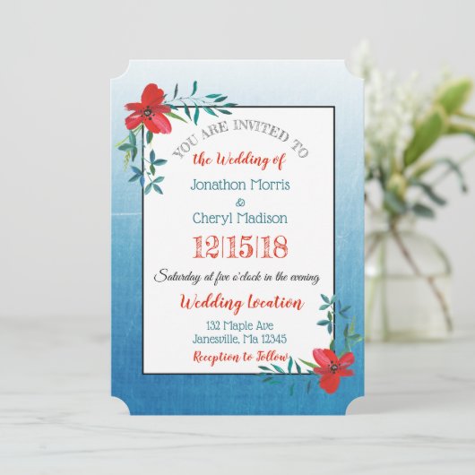 Dubbelzijdige Blauwe & Rode Bloem Uitnodiging voor (Staand voorkant)