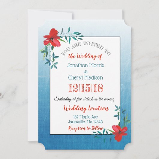 Dubbelzijdige Blauwe & Rode Bloem Uitnodiging voor (Voorkant)