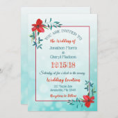 Dubbelzijdige Blauwgroen & Rode Bloem Uitnodiging (Voorkant / Achterkant)