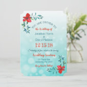 Dubbelzijdige Blauwgroen & Rode Bloem Uitnodiging (Staand voorkant)