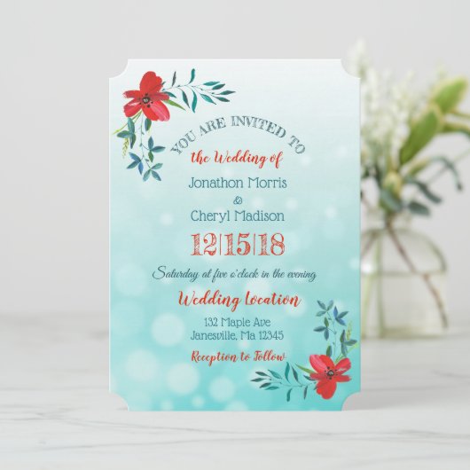 Dubbelzijdige Blauwgroen & Rode Bloem Uitnodiging (Staand voorkant)