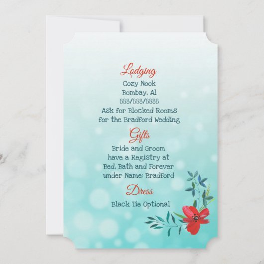 Dubbelzijdige Blauwgroen & Rode Bloem Uitnodiging (Achterkant)